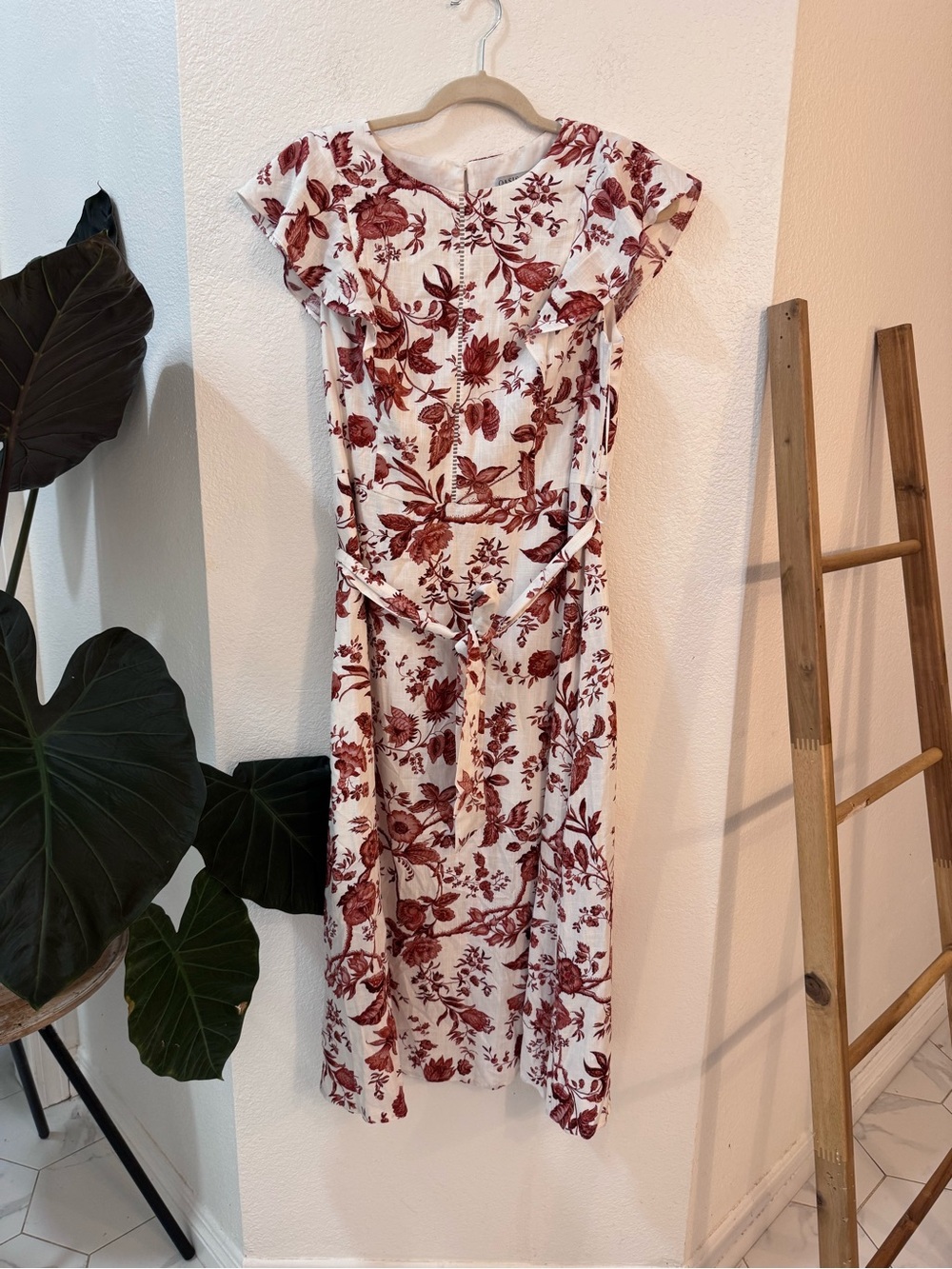 Oasis White Midi Dress with Red Floral Print Tie Belt Ruffle Sleeve Linen Cotton